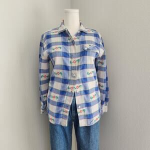 Vintage Cabin Creek Blue White Plaid Floral Button Down Shirt Cottage Spring M
